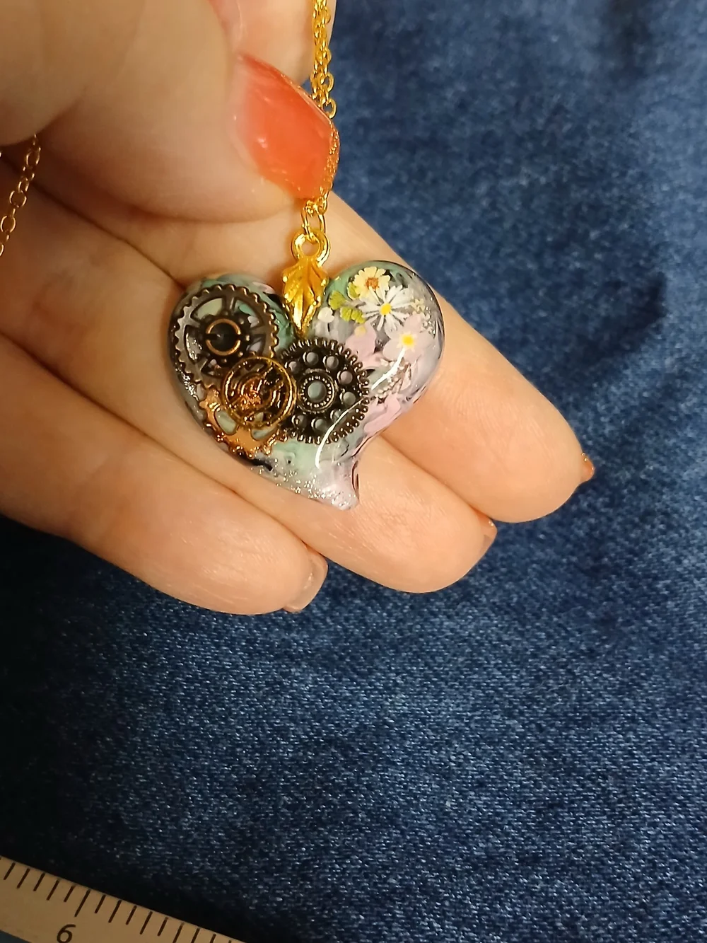 Gold-Tone Heart Pendant Necklace with Floral & Gear Accents - Pink/Gold